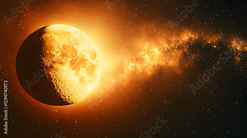 The Milky Way in warm golden tones blending with the orange glow of a rising moon.