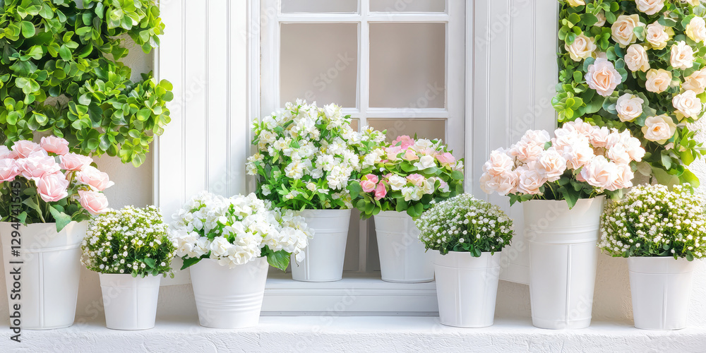 Fototapeta premium The window of a cozy cute flower store. Exterior of a flower store. Various bouquets in the shop window.