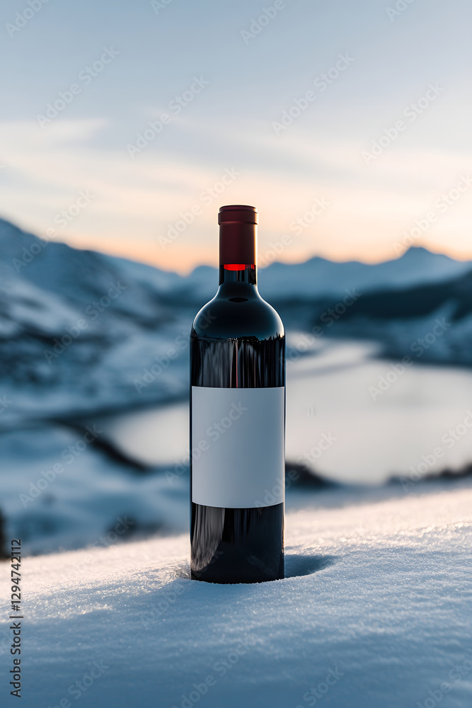 A red wine bottle stands on snow with a mountainous background at sunset. A red wine bottle stands on snow with a mountainous background at sunset.