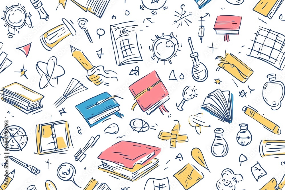 Back to school vector seamless pattern, handsketched doodle background with books, graduation caps, science symbols, artistic and fun design Back to school vector seamless pattern, handsketched doodle background with books, graduation caps, science symbols, artistic and fun design