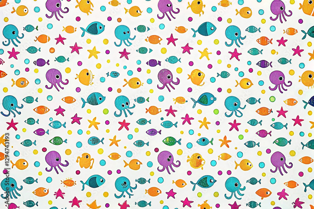Colorful cartoon fish, octopus, starfish and bubbles seamless pattern. Colorful cartoon fish, octopus, starfish and bubbles seamless pattern.