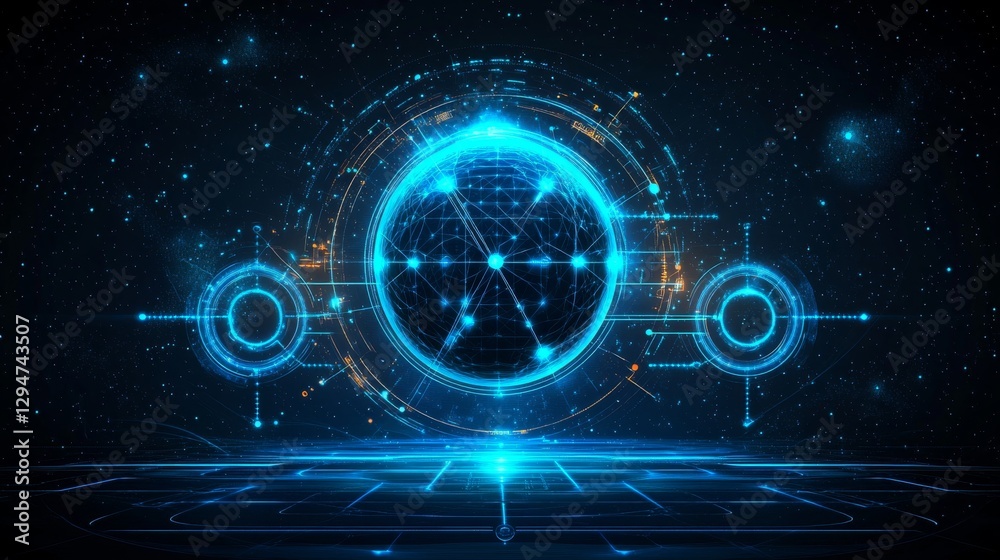Obraz premium An abstract neon blue atom nucleus with electrons circling it, designed for science, technology, biology, or astrology presentation backgrounds