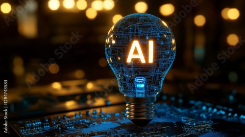 An abstract electronic circuit board illuminated by neon blue light, symbolizing AI and machine learning. A cyber-futuristic bulb lamp representing business innovation and connectivity