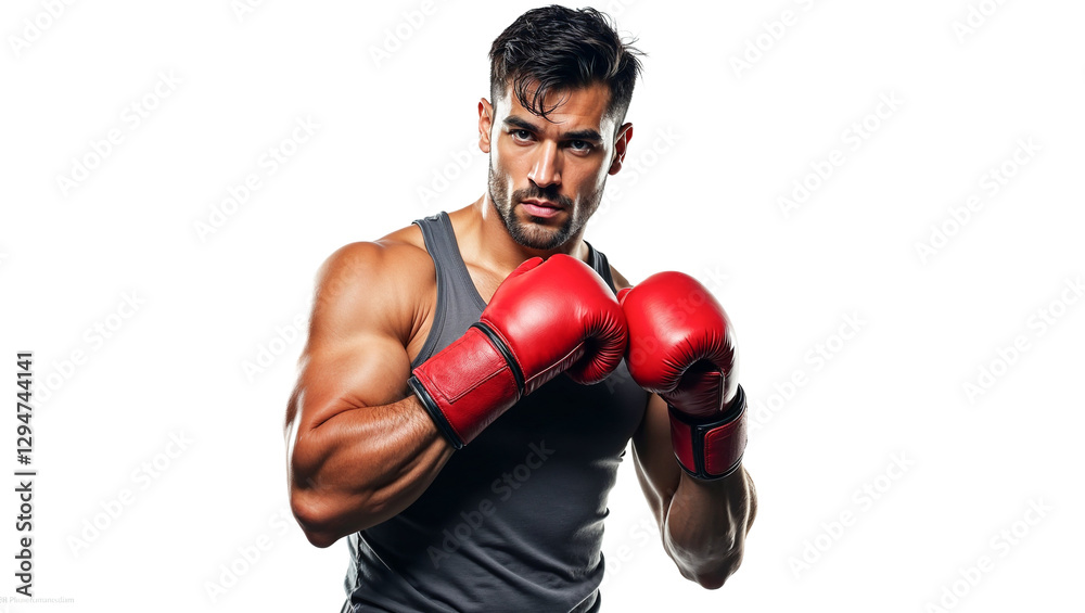 A muscular boxer stands ready for action, wearing vibrant red gloves and a fitted tank top. His focused expression and powerful stance highlight his dedication to the sport A muscular boxer stands ready for action, wearing vibrant red gloves and a fitted tank top. His focused expression and powerful stance highlight his dedication to the sport
