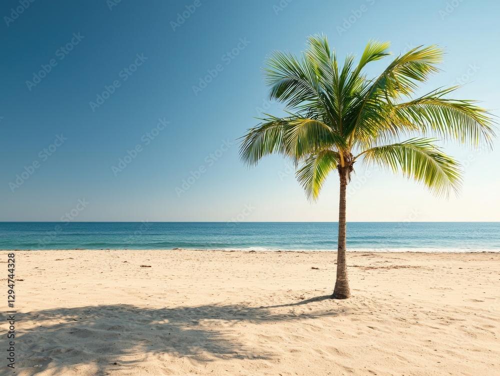 Obraz premium Serene Palm Tree on Sandy Beach Under Clear Blue Sky at Dawn