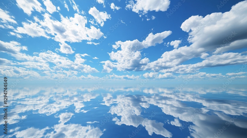 Peaceful Blue Sky with Fluffy White Clouds Reflected on Calm Water