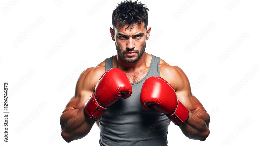 Muscular boxer stands poised with red gloves, exuding intensity and readiness for a challenge. The powerful stance highlights his dedication and strength in the ring