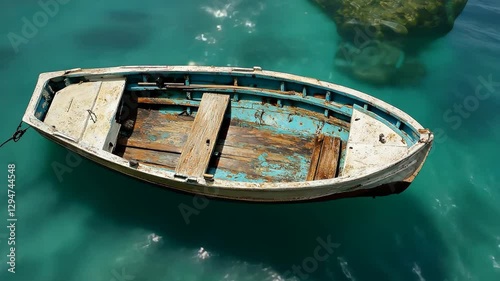 Old wooden boat floats in clear blue water near rocky shore