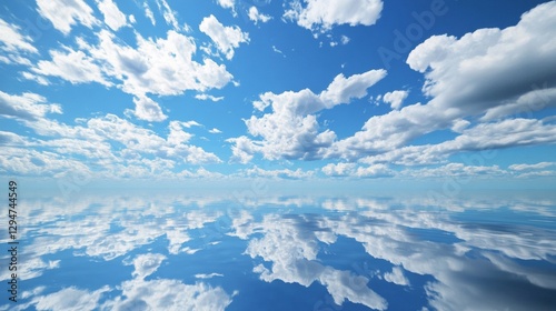 Peaceful Blue Sky with Fluffy White Clouds Reflected on Calm Water