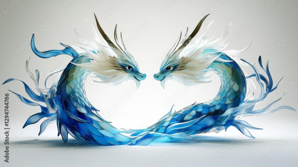 Fototapeta premium An isolated 3D render of a blue abstract heart in an alien shape on a solid background. This futuristic and surreal Halloween illustration includes a dragon dinosaur skeleton, AI, artificial