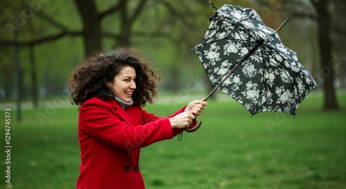 Humorous struggle with an inverted umbrella in windy weather at park