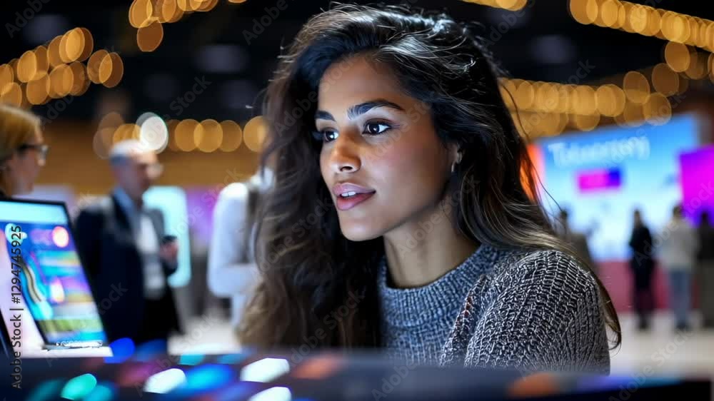 Focused young woman engaged in busy scientific conference with a laptop in a vibrant café setting Focused young woman engaged in busy scientific conference with a laptop in a vibrant café setting