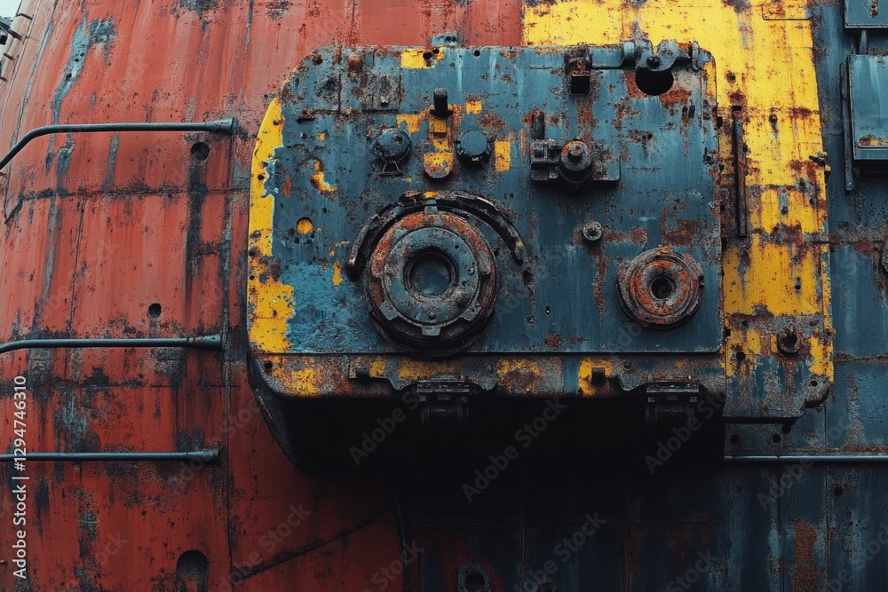 Close-up of rusty, paint-chipped control panel on weathered industrial machine. Close-up of rusty, paint-chipped control panel on weathered industrial machine.