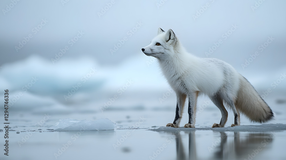 Obraz premium An Arctic fox standing on thinning ice looking toward a glacier in the distance surrounded by a cold reflective sea.