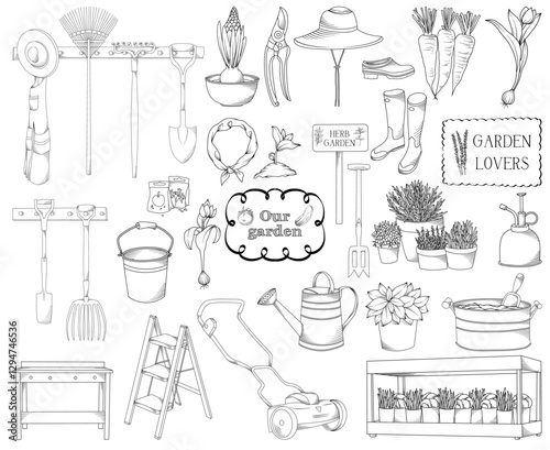 Set of hand drawn vector line art gardening elements, isolated garden tools and equipment, line drawing garden hobby illustration