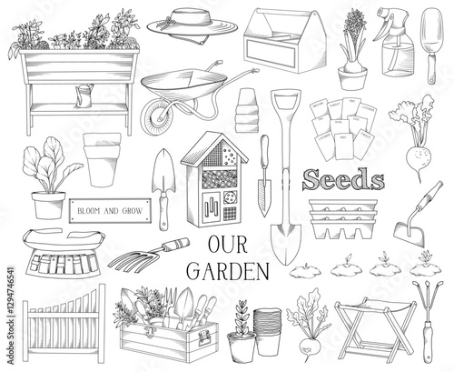 Set of hand drawn vector line art gardening elements, isolated garden tools and equipment, line drawing garden hobby illustration