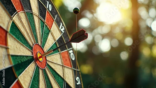 Dartboard bullseye outdoors, sunlit forest