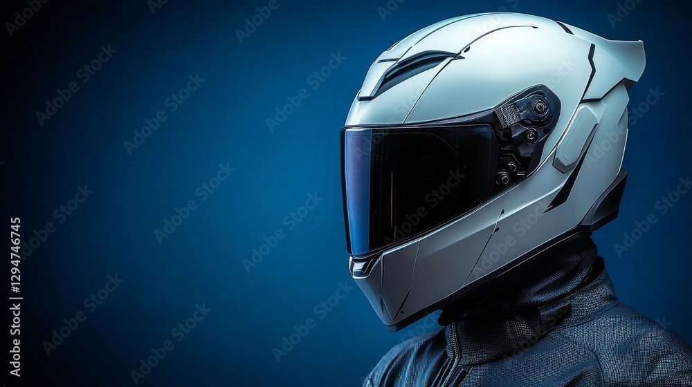 Fototapeta premium A white helmet with a dark visor, sleek and futuristic in design, is displayed prominently against a gradient blue background, emphasizing a smooth, symmetrical, and high-tech aesthetic