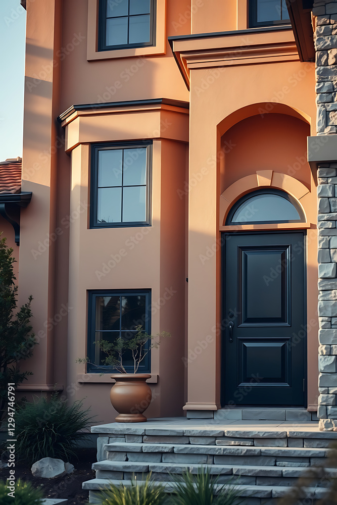 Fototapeta premium Luxury Home Exterior: Modern Architectural Design with Elegant Facade and Stone Steps