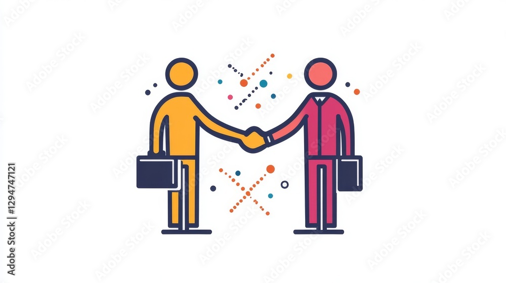 Two simplified human figures, each with a briefcase, are depicted holding hands to represent a business deal or partnership Two simplified human figures, each with a briefcase, are depicted holding hands to represent a business deal or partnership