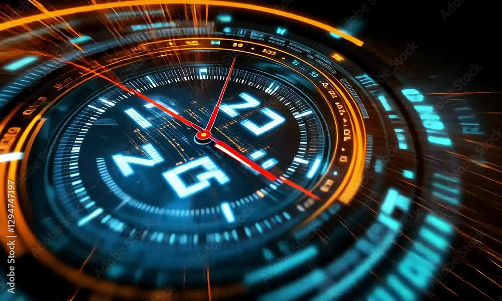 Futuristic digital clock display with glowing blue and red elements, showcasing time in a high-tech setting Futuristic digital clock display with glowing blue and red elements, showcasing time in a high-tech setting