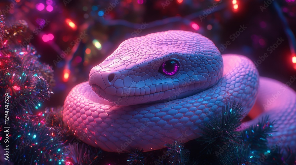 Fototapeta premium A neon blue and pink snake glowing in a futuristic style, with lively bokeh in the background, adorned with Christmas lights for a dance party, depicted on a minimalistic cyber poster with a retro