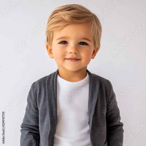 Smiling young boy with blond hair wearing a white shirt and gray cardigan against a neutral background