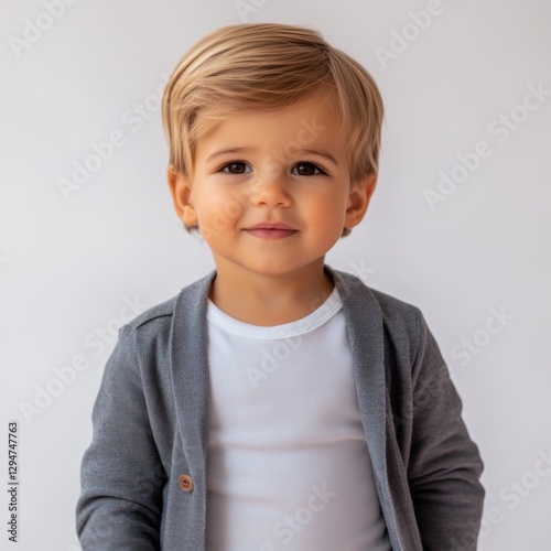Smiling young boy with blonde hair wearing stylish gray cardigan and white shirt against neutral background