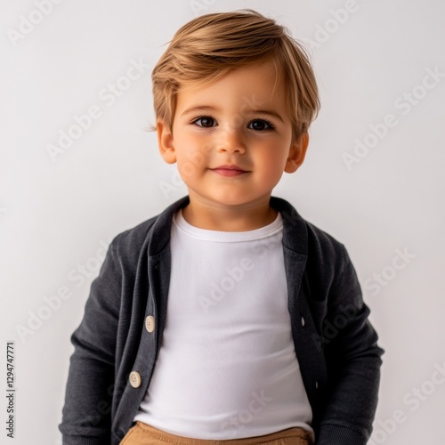 Cute young boy with stylish haircut wearing casual outfit standing against white background, looking at camera with a charming smile