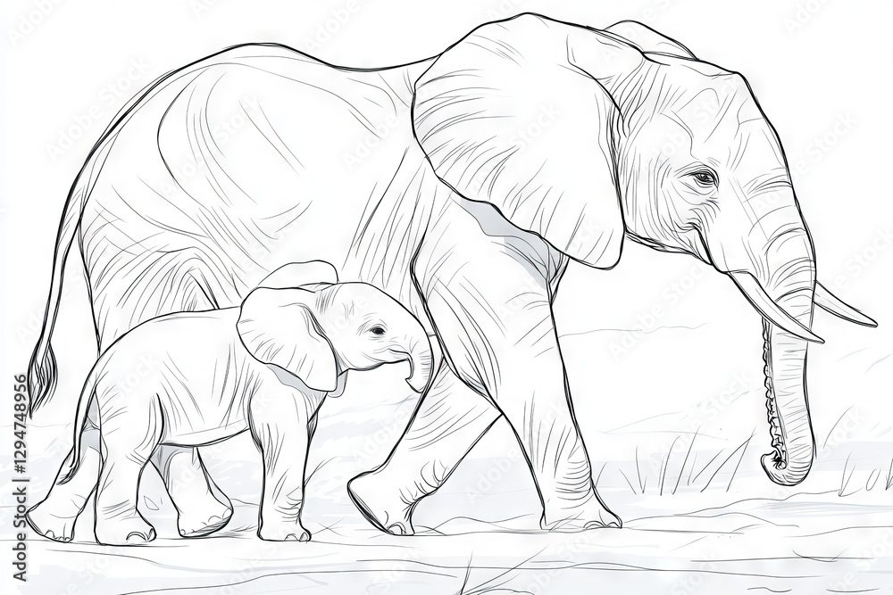 Fototapeta premium Lovely stock pencil artwork depicting a safari elephant family