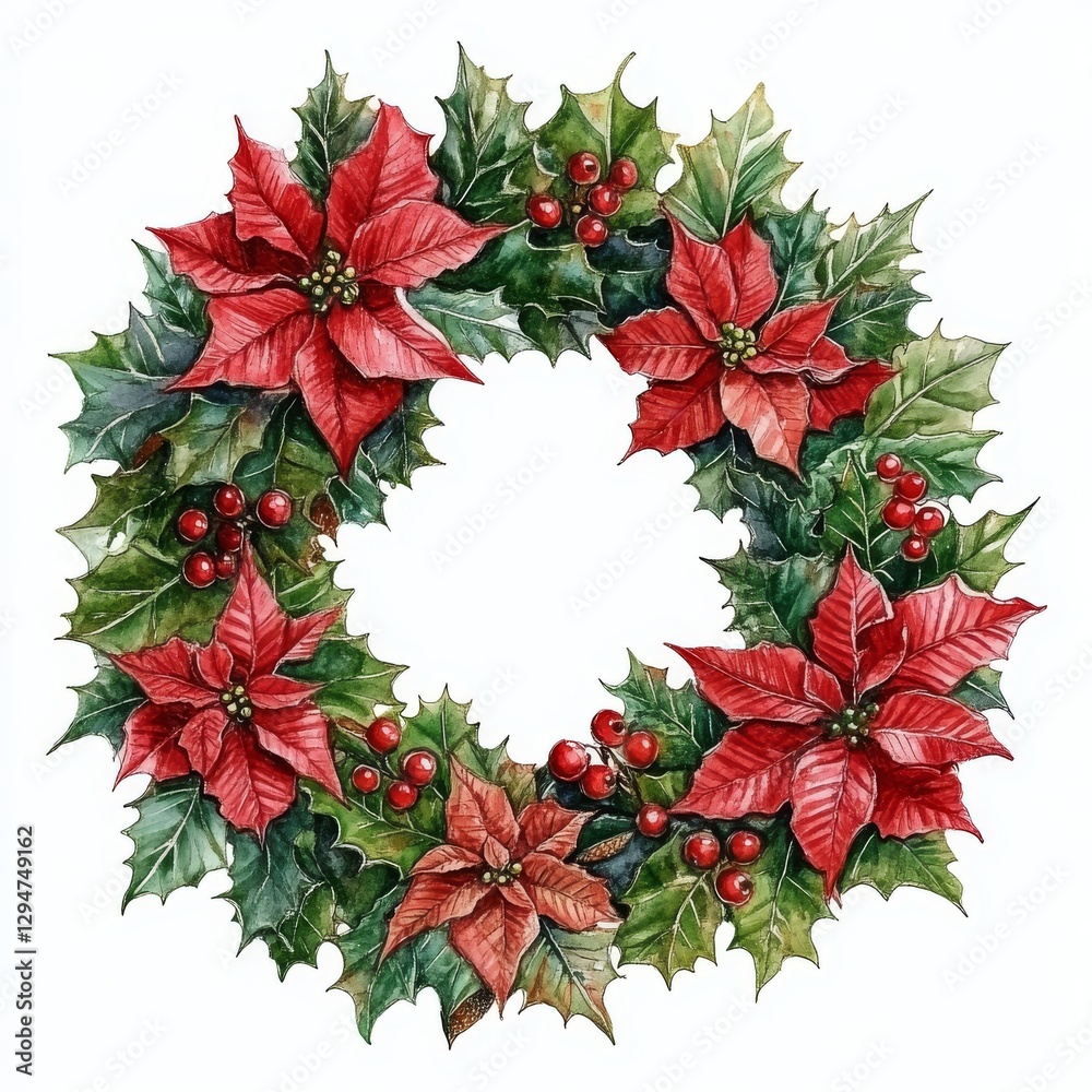 A stunning Christmas wreath adorned with hand-drawn watercolor winter flowers, featuring red poinsettias and holly branches. Winter 2022 stock illustration A stunning Christmas wreath adorned with hand-drawn watercolor winter flowers, featuring red poinsettias and holly branches. Winter 2022 stock illustration