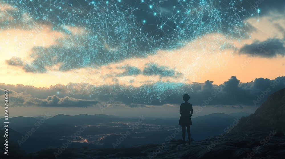 Obraz premium A woman stands on a cliff, gazing at a cityscape and a starry sky.