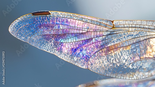 Macro shot of dragonflys wing showcasing the intricate lattice like patterns and natural iridescent tones under sunlight photo