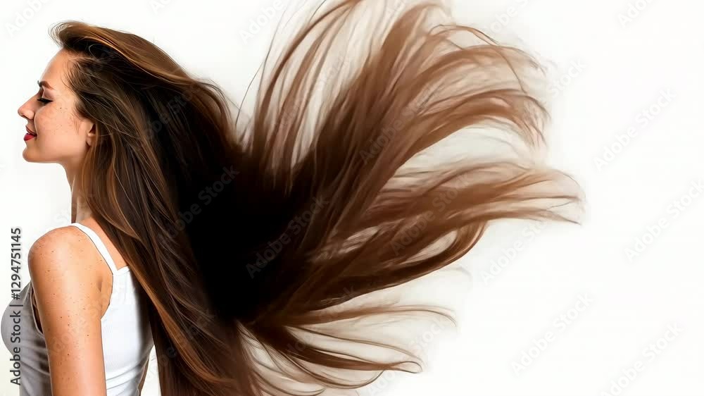 Profile of a woman with flowing brown hair against a white background, showcasing movement and vitality. Profile of a woman with flowing brown hair against a white background, showcasing movement and vitality.