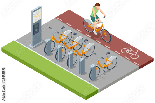 Bike rental. An isometric, vector illustration of a bicycle-sharing station with blue bikes in docking units, plus a payment kiosk featuring a city map for quick rentals