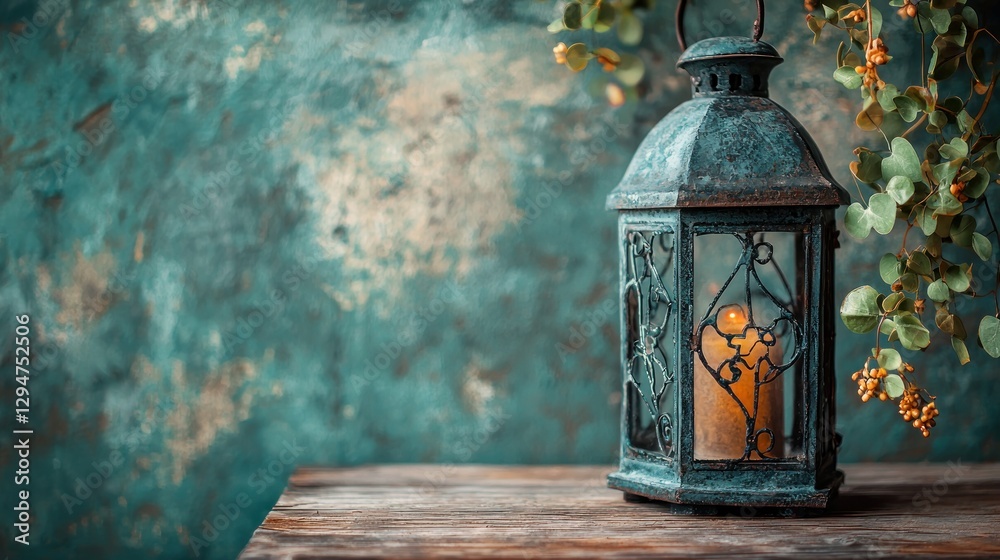 Rustic lantern candlelit, teal wall, autumn leaves, table Rustic lantern candlelit, teal wall, autumn leaves, table