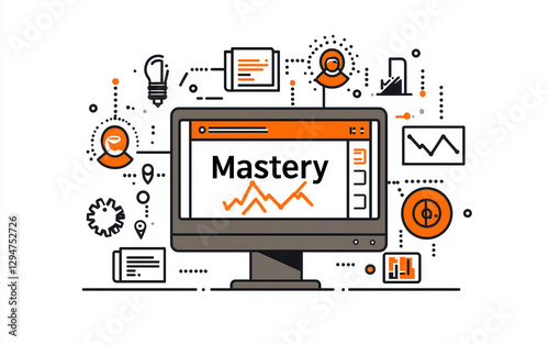 Illustration depicting digital marketing mastery with analytics graphs and technology icons, symbolizing growth and strategy in business.