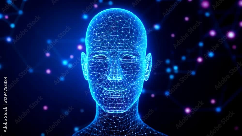 A glowing blue wireframe of a human head. Suitable for illustrating artificial intelligence, neural networks, a digital avatar concept, or interface design. Close-up profile perspective, rendered 4k