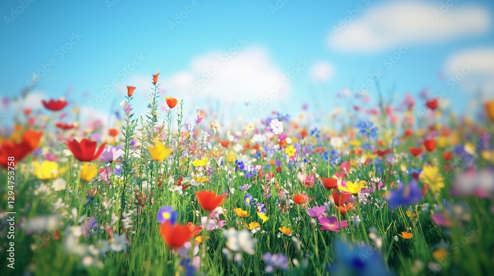 Wild flowers on a field. Wildflowers in the landscape in spring. Generative ai in a blue meadow. Field lifestyle of wildflowers. Wild flowers on a field. Wildflowers in the landscape in spring. Generative ai in a blue meadow. Field lifestyle of wildflowers.