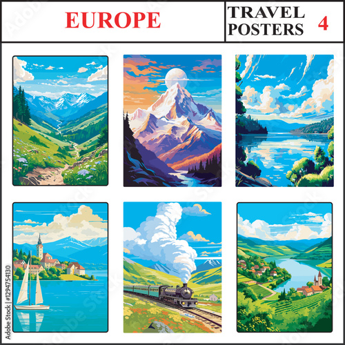 Europe The Pyrenees Mountains Mont Blanc Mountain Danube River Travel Poster Wall Art Print Set 4