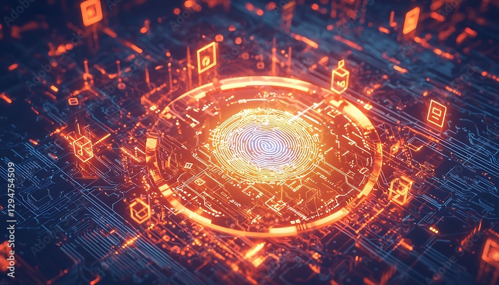 Obraz premium A glowing fingerprint scanner surrounded by encrypted symbols and circuit board patterns in a futuristic biometric design.