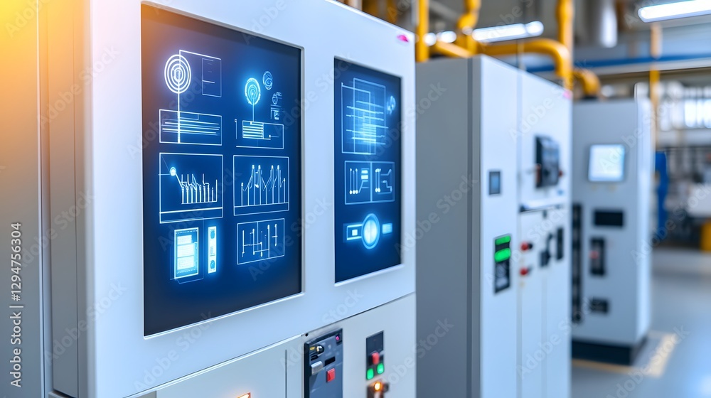 Modern industrial control panels displaying data and analytics in a factory setting Modern industrial control panels displaying data and analytics in a factory setting