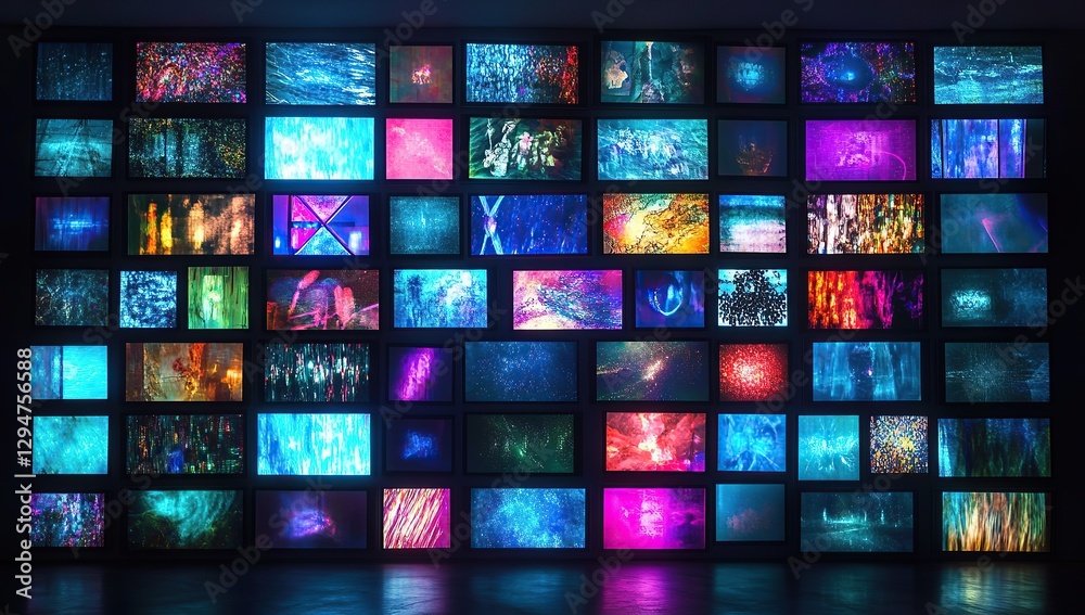 A wall of digital screens with different images, glowing and vibrant colors, grid-like composition A wall of digital screens with different images, glowing and vibrant colors, grid-like composition