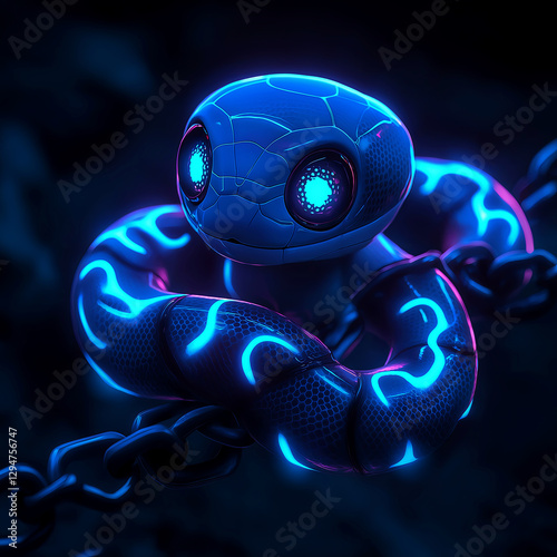 Futuristic cyber snake with neon blue digital glyphs. Cyberpunk robot snake wrapped in glowing blockchain chains