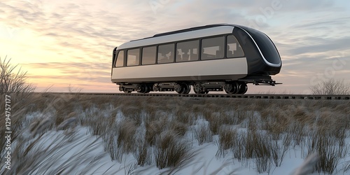 A Modern Train Journey Through Winter Scenery on Railroad Tracks at Sunset photo
