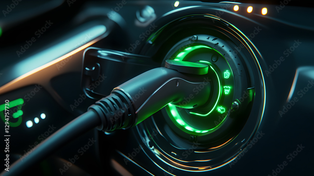 Fototapeta premium A close-up of an electric cars charging port with the plug inserted glowing green lights indicating charging status.