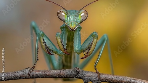 Macro shot of vibrant green praying mantis perched on a twig detailed textures of its body sharp focus on its expressive eyes with a blurred natural background