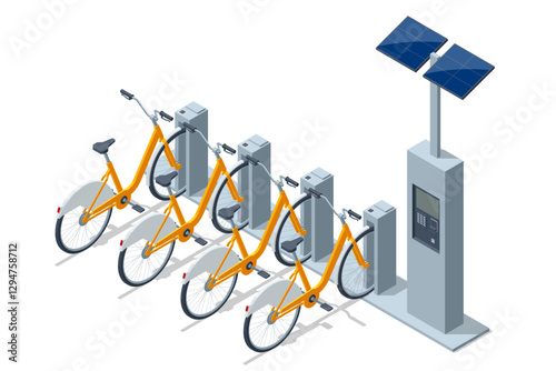 Bike rental. An isometric, vector illustration of a solar-powered bike-sharing station, lined with orange bicycles and a payment kiosk, offering convenient urban mobility