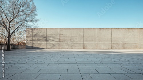 Wallpaper Mural Endless stone tiles stretch across a wide plaza, illuminated by gentle sunlight. A lone tree stands quietly, its branches reaching toward the bright blue sky, creating soft shadows on the ground Torontodigital.ca