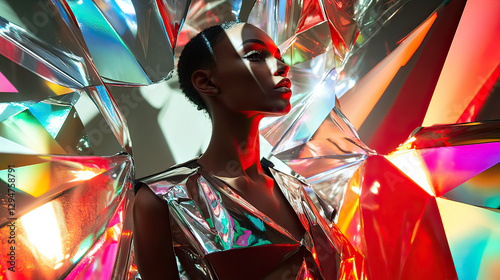 Futuristic Woman in silver dress, Bright light shines, Fashion model. Abstract background. Holographic material generative ai	 photo